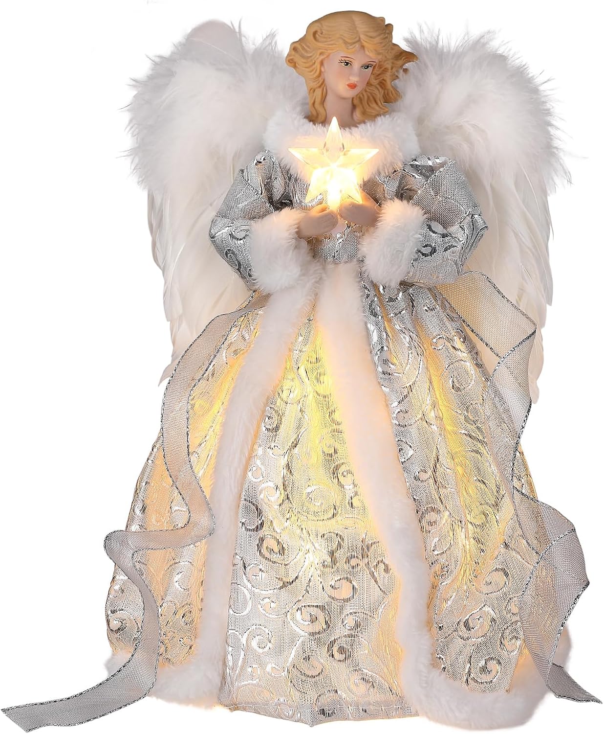 Tree Toppers - WIOR 12Inch Angel Christmas Tree Topper with White Feather Wings, Led Lighted Xmas Tree Topper Angel Figurine Ornament Christmas Tree Decorations for Home Holiday Party Wedding Christmas Decor, Silver