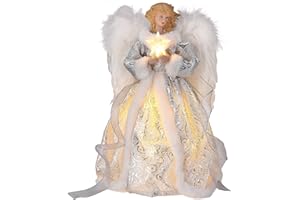 WIOR 12Inch Angel Christmas Tree Topper with White Feather Wings, Led Lighted Xmas Tree Topper Angel Figurine Ornament Christ