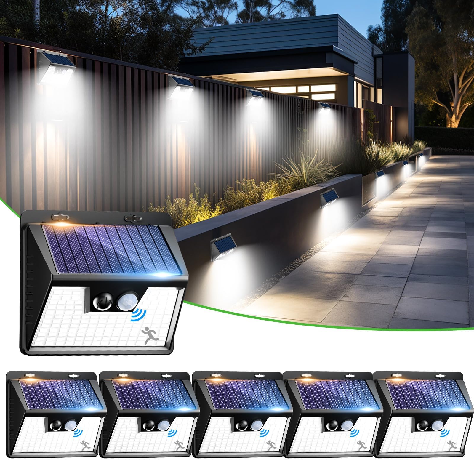 nipify Solar Lights Outdoor Motion Sensor, 6 Pack 140LED 3 Modes IP65 Waterproof Durable Solar Powered Wall Lights for Outside Garden Fence Yard Garage — image 1