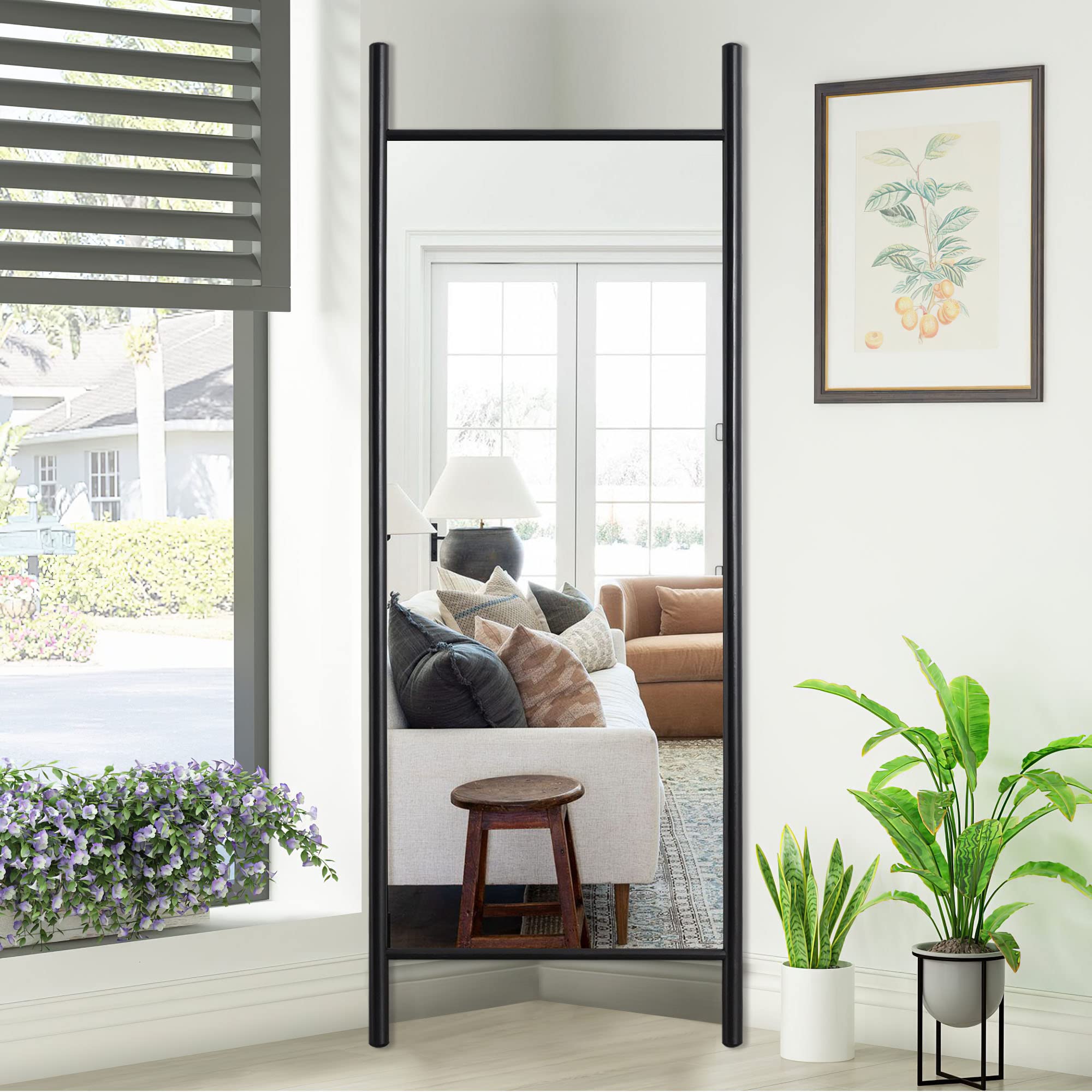 NeuType Full Length Mirror 65"x22", Rustic Leaning Ladder Floor Mirror with Wood Frame, Dressing Mirror Wall Mounted for Bedroom Living Room, Black Image