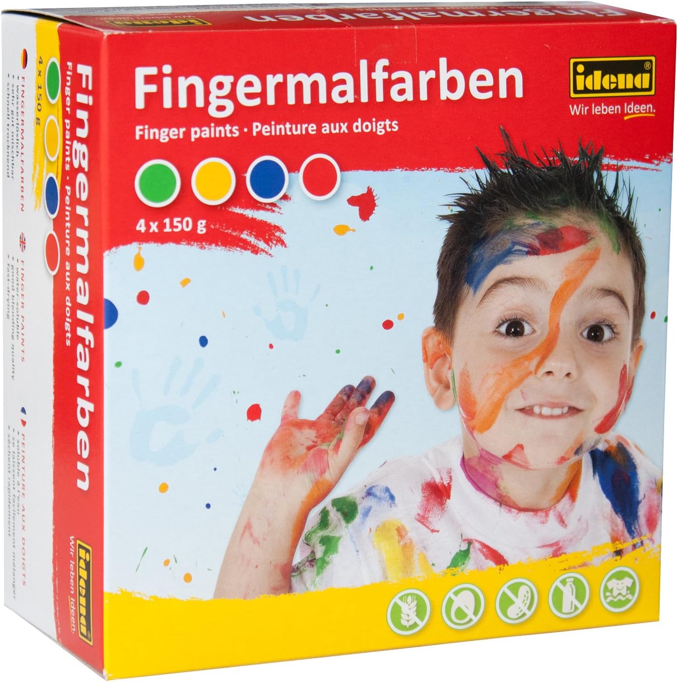 Idena 60037 Finger Paints 4 x 150 g in Blue, Yellow, Green and Red, Non-Toxic & Vegan Finger Paints, Gluten-Free, Lactose-Free, Peanut-free & Water Soluble