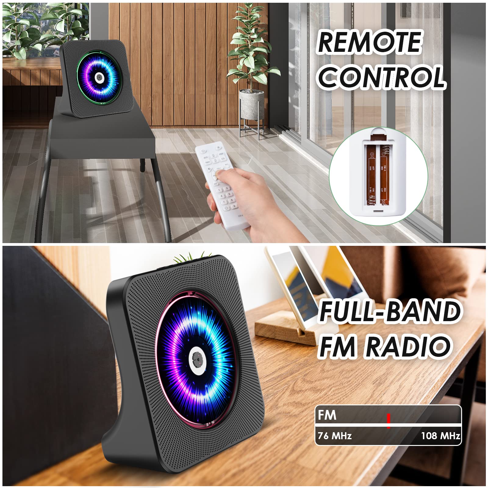 Gueray CD Player Portable Bluetooth: Desktop 4000mAh Rechargeable CD Players for Home with Timer HiFi Speakers Dust Cover LCD Screen Display FM Radio Type-c 3.5mm AUX Jack Remote Control