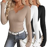 Oakgarden 3 Pack Women's Long Sleeve Shirts Cotton Ribbed Scoop Neck Vnotch Tops Slim Low Cut Stretch Basic Tees