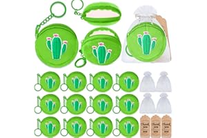 Elecrainbow 36 Pack Cactus Change Purses Set Include 12 Wallets with Keyring, 12 Thank You Tags and 12 Organza Bags for Cactus Tropical Mexican Western Desert Hawaiian Summer Party Decoration,Green