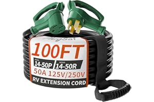 PlugSaf NEMA 14-50P/14-50R 100 FT 50 Amp RV/EV Extension Cord Outdoor with Grip Handle, 4 Prong Flexible Heavy Duty STW RV Power Cord Waterproof, 50A 125/250V 6250/12500W, Black-Green, ETL Listed