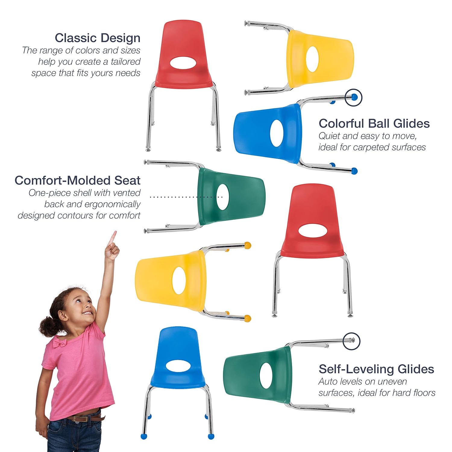 Factory Direct Partners-10370 16" School Stack Chair, Stacking Student Seat with Chromed Steel Legs and Nylon Swivel Glides; for in-Home Learning or Classroom - Assorted Colors (6-Pack): Industrial & Scientific