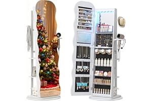 Vlsrka 360° Swivel Jewelry Aromire with Wavy Mirror, Lockable Jewelry Organizer Mirror Full Length, Rotatable Standing Mirror with Storage, Jewelry Cabinet, Interior Mirror, Flodable Shelf, White