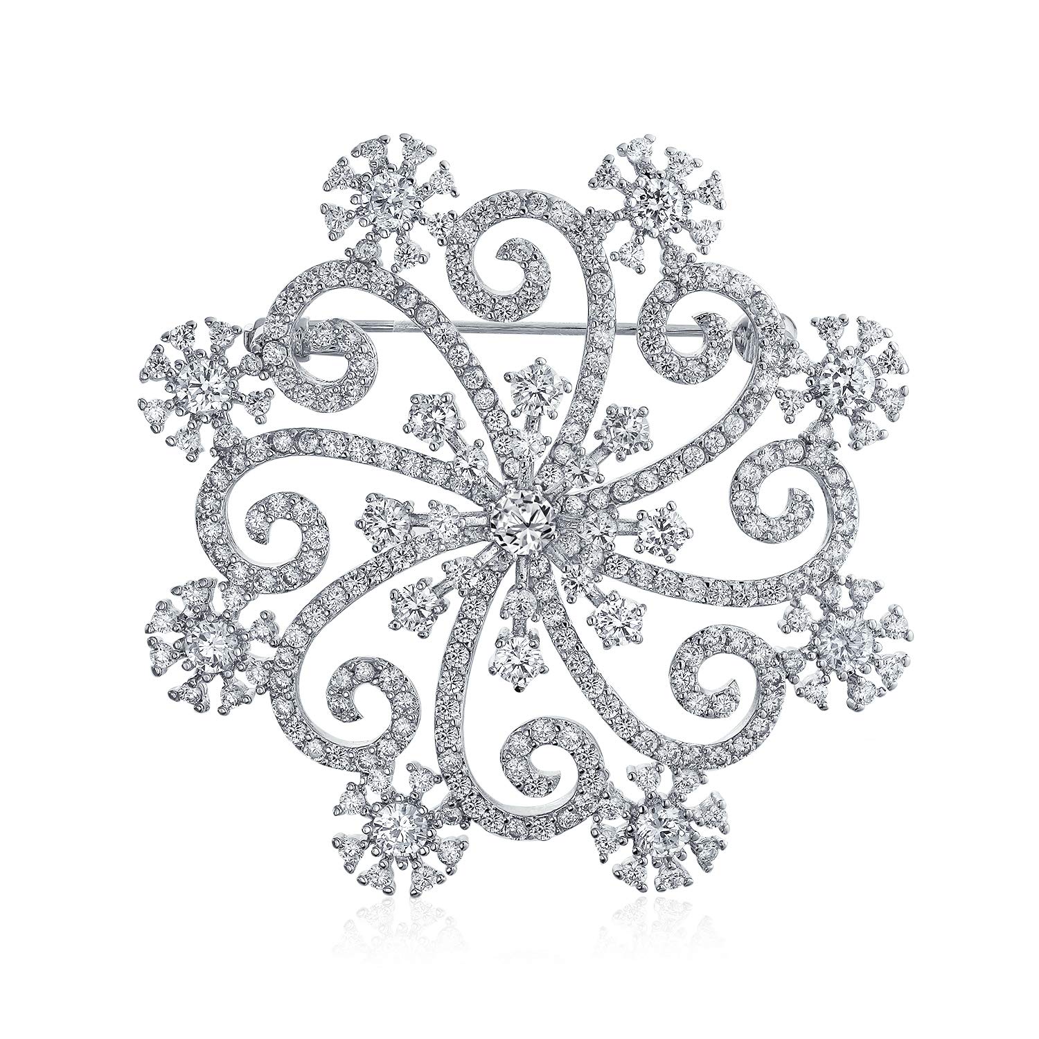 Large Frozen Winter Swirl Holiday Party CZ Cubic Zirconia Scarf Christmas Statement Snowflake Brooch Pin For Women Silver Plated Brass