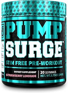 Amazon Com Pumpsurge Caffeine Free Pump Nootropic Pre Workout Supplement Non Stimulant Preworkout Powder Nitric Oxide Booster 20 Servings Strawberry Lemonade Flavor Health Household