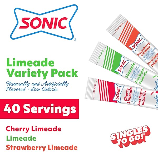 SONIC SINGLES TO GO VARIETY PACK, WATERTOK POWDERED DRINK MIX, INCLUDES 3 FLAVORS, CHERRY LIMEADE, STRAWBERRY LIMEADE, 1 BOX (40 SERVINGS)