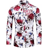 LEFTGU Men's Slim fit Floral Printed Beach Hawaiian Button-Down Dress Shirt