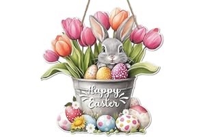 RNFENQS Happy Easter Sign for Front Door Wooden Wall Hanging Sign Easter Bunny Wreath Decor for Home Colorful Floral Eggs Wel