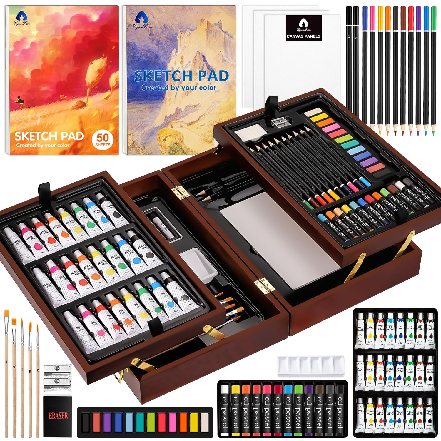 Photo 1 of VigorFun Art Supplies, Deluxe Wooden Art Set Crafts Drawing Painting Kit with 2 Sketch Pads, Oil Pastels, Acrylic, Watercolor Paints, Creative Gifts Box for Adults Artist Kids Teens Girls