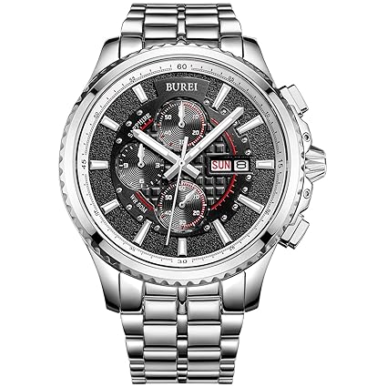 BUREI® Mens Luminous Chronograph Day and Date Watch with Silver Bracelet, Silver Bezel Black Dial