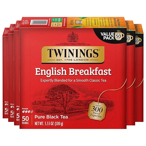 TWININGS ENGLISH BREAKFAST BLACK TEA INDIVIDUALLY WRAPPED BAGS, 50 COUNT (PACK OF 6), FLAVOURFUL, ROBUST, CAFFEINATED, ENJOY HOT OR ICED, 300 TEABAGS