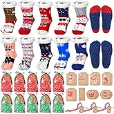 Mepase 10 Pairs Christmas Slipper Socks Bulk with 10 Gift Tags and 10 Drawstring Bags set Fuzzy Fluffy Thermal Sherpa Non-slip Socks for Christmas Holiday Gifts