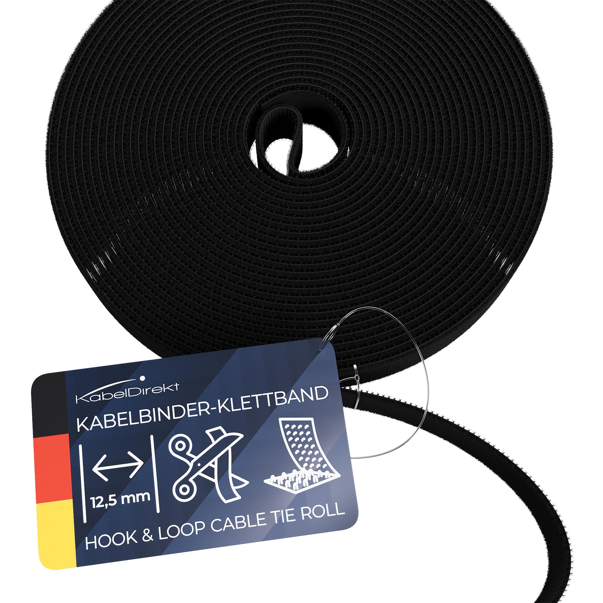 KabelDirekt – Hook and Loop Cable Ties – 15 m × 12,5 mm – Environmentally Friendly Cable tie roll, Individually cuttable & Reusable (Cable Protecting – Black)