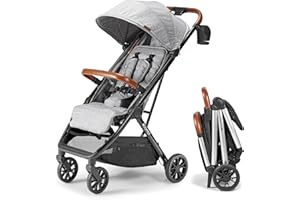 Bombi Bēbee V2 Lightweight Baby Stroller - Premium Vegan Leather, One-Hand Fold, Infinite Recline, Aircraft-Grade Aluminum Frame, XXL Canopy, and Ample Storage Umbrella Stroller - Stone Gray