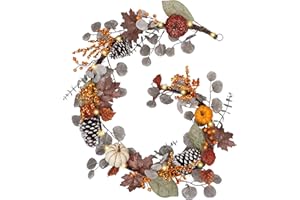 Valery Madelyn Fall Maple Leaves Garlands for Mantle, 6ft Autumn Garlands with Pumpkins Lights for Table Centerpiece, Fall Harvest Decorations for Home Mantle Fireplace Outdoor Halloween Decor-Brown