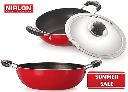 Nirlon Non-Stick Aluminium Kadhai Set, 2-Pieces, Red/Black (2.6mm_DKDM_KD14)