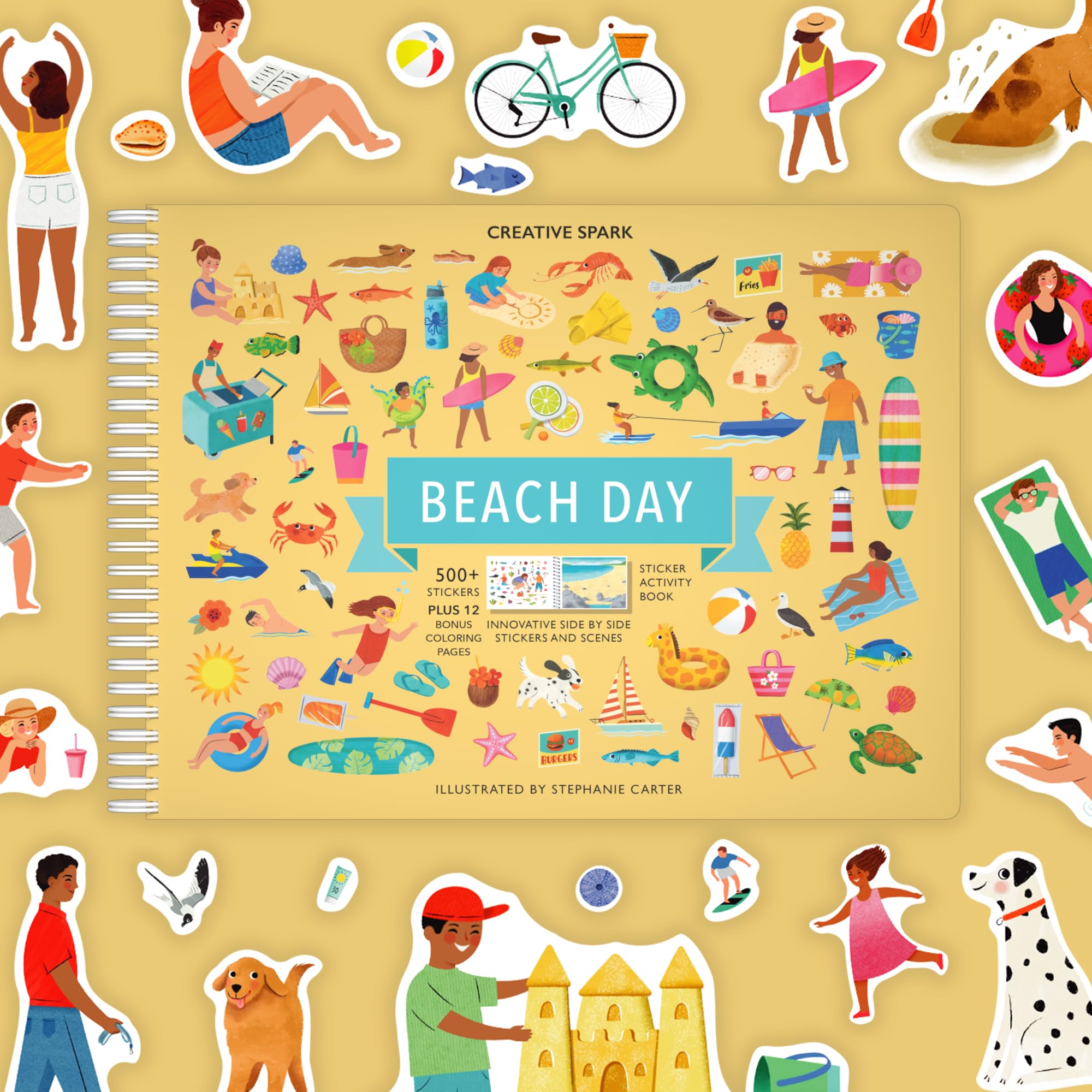 CUPKIN Sticker Book for Kids 2-4, 500+ Kids Stickers, Beach Day 12 Coloring Pages 12 Side by Side Scenes, Fun Toddler Travel Activity Coloring and Sticker Books for Children Ages 4-8 + 8-10