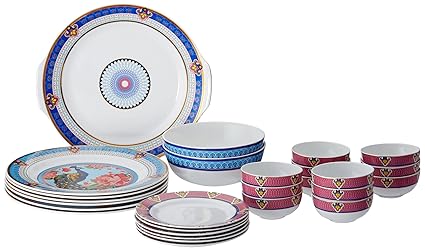 Sanjeev Kapoor Mayura Bone China Dinner Set, 27-Pieces, Multicolour