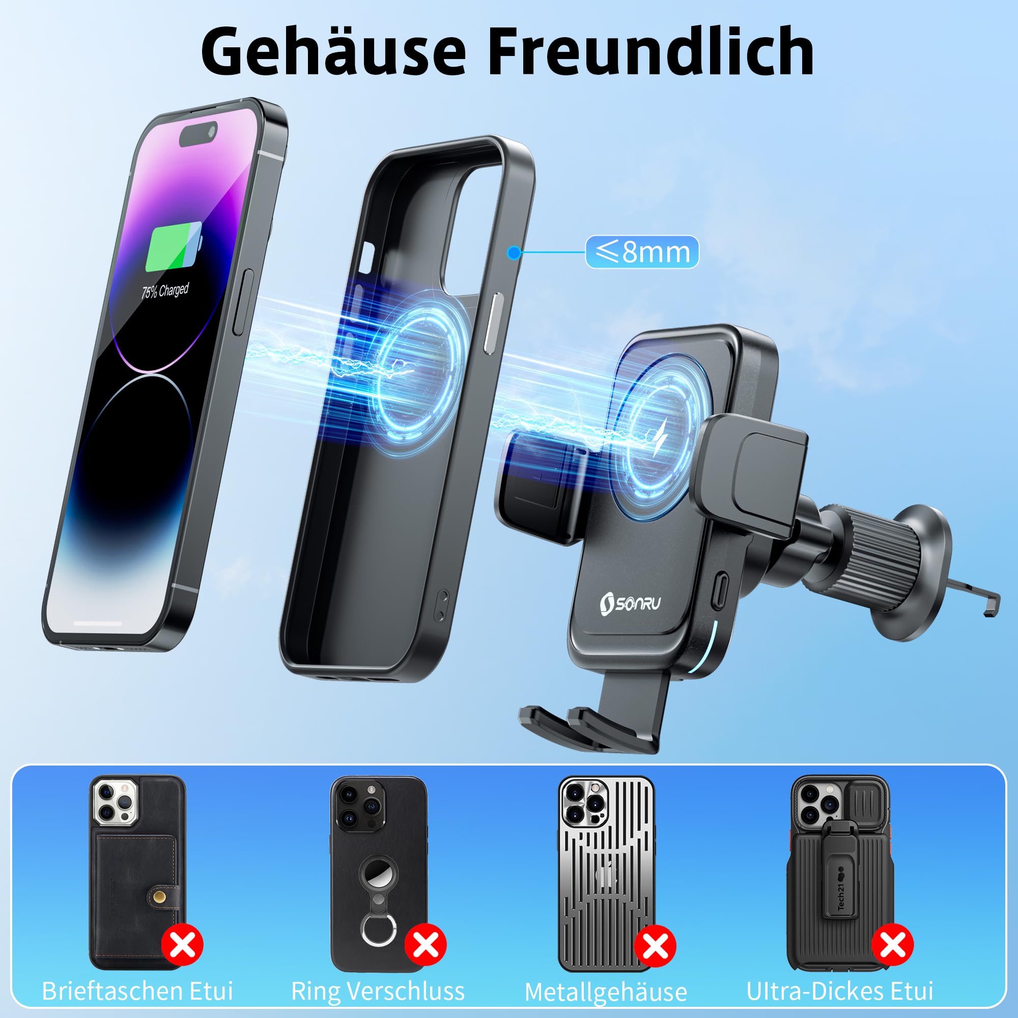 SONRU Handyhalterung Auto mit Ladefunktion,15W Kfz Handyladestationen Handy Halterung Auto Induktives Laden,Handyhalterung Auto Lüftung Saugnapf für Samsung iPhone LG Google Pixel 6