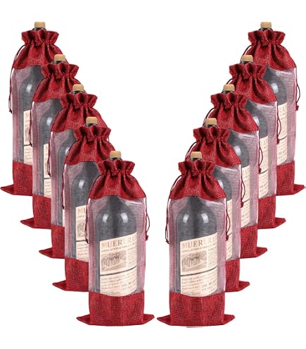 Bolsas De Regalo Para Vino TINSKY - Pack De 12, Con Ventana Transparente, Asa De Ratán, Tamaño 12.5x8.5x36 Cm