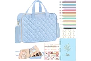 PUGPIU Bible Cover Case for Women, Large Quilted Bible Bag with Shoulder Strap and Handle, Bible Study Supplies Journaling Kit with Highlighters Pens No Bleed Tabs Notebook Cross Clips (Light Blue)