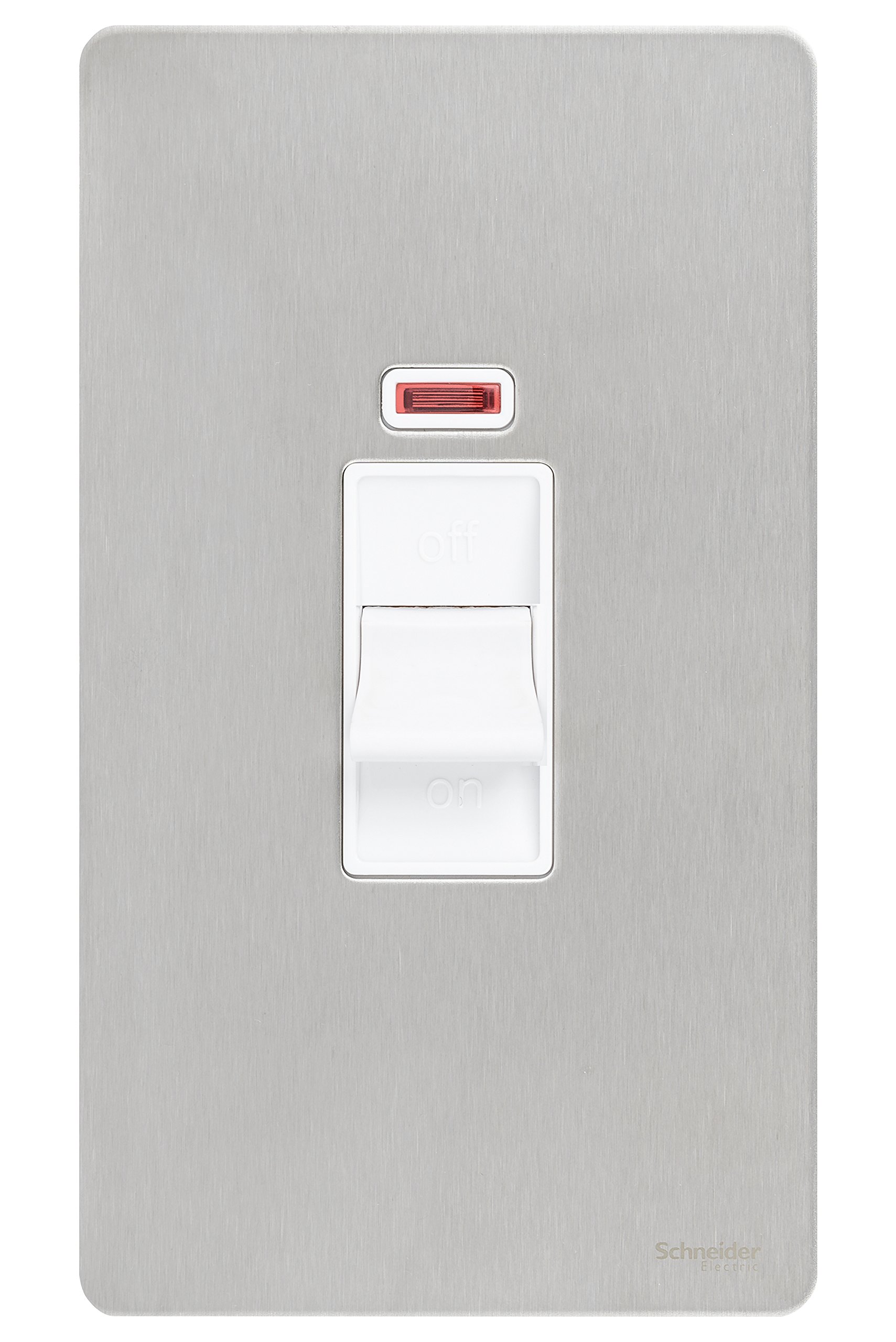 Schneider Electric Ultimate Double Pole 45a Plate Switch with Neon Screwless Stainless Steel Flat Plate - White Insert