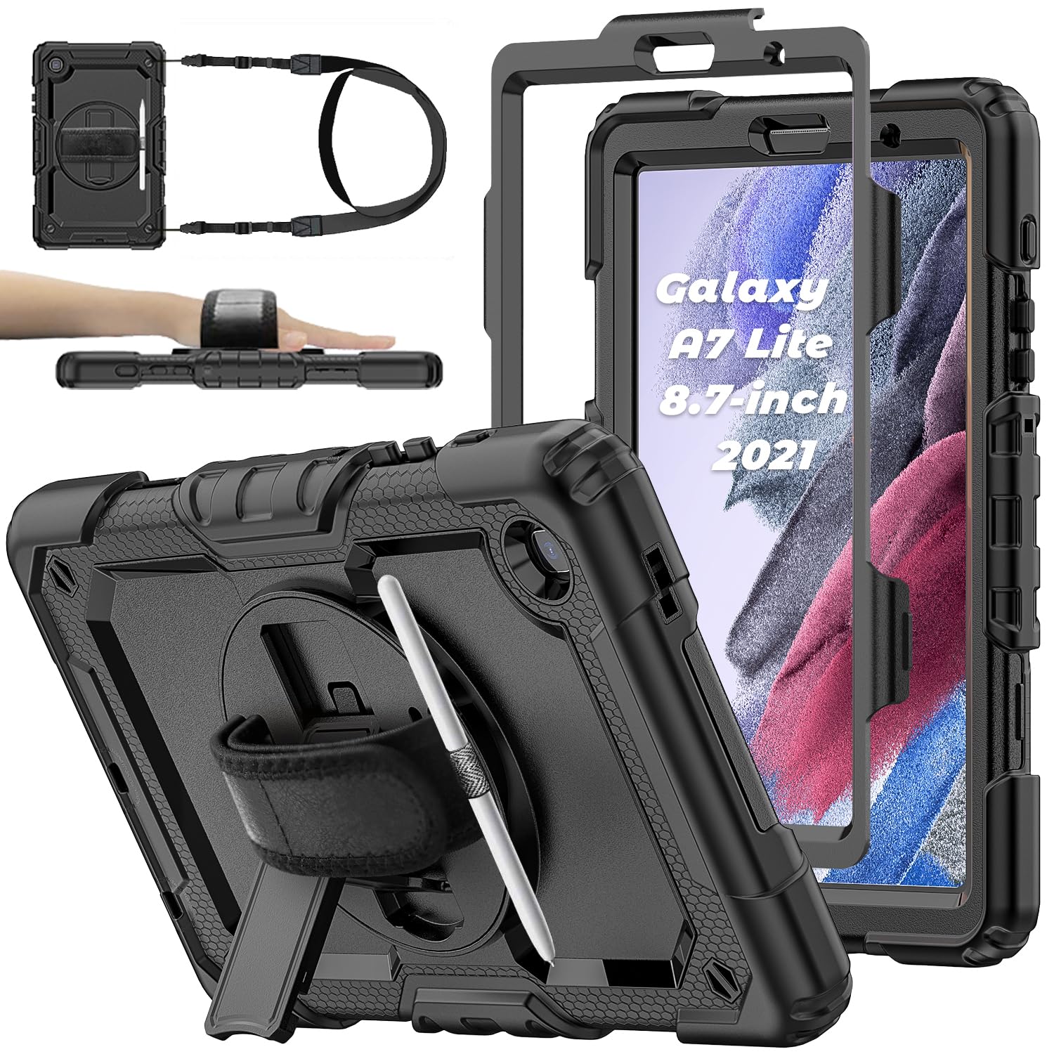 Photo 1 of BASE MALL Case for Samsung Galaxy Tab A7 Lite 8.7-inch 2021 (SM-T220/T225), Protective with Screen Protector/Hand Strap/Pen Holder, Sturdy Shockproof for Samsung A7 Lite Tablet Case (Black)