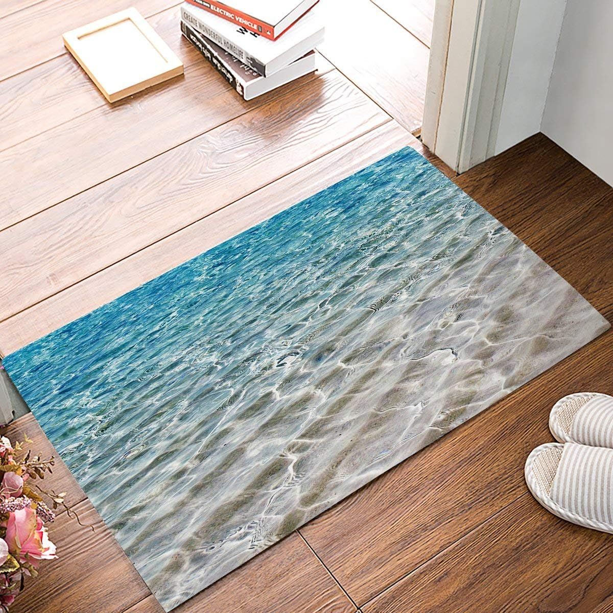 Beach Sea Ocean Waves Panoramic View and Cloudy Blue Sky Doormat Welcome Mat Entrance Mat Indoor Door Mats Floor Mat Bath Mat 18W X 30H inch