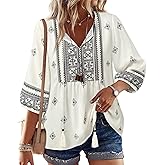 Vivilli Womens Summer Boho Babydoll Tops 3/4 Sleeve Pleated Peplum Blouses Casual V Neck Tie Front 2026 Tunic Tops
