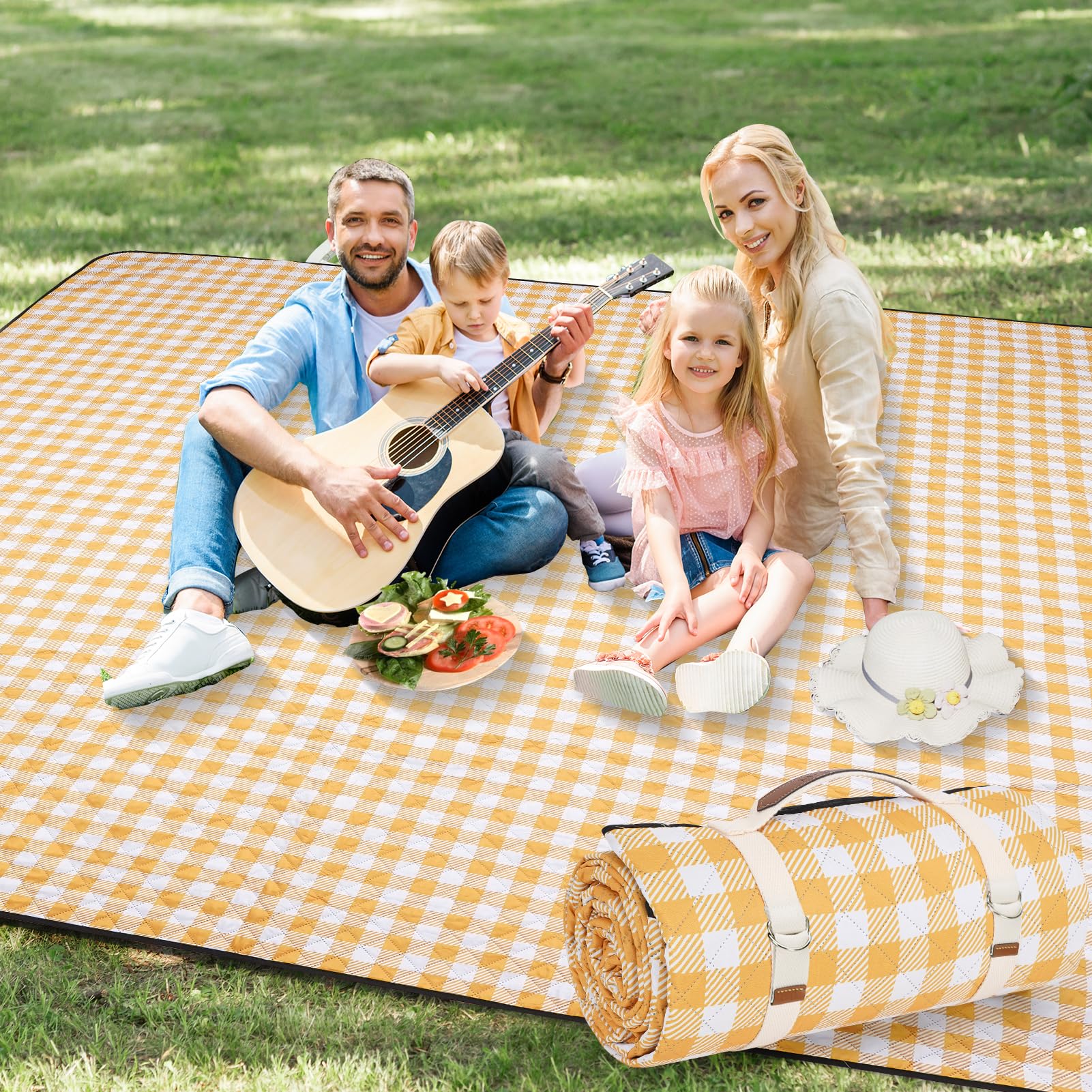 Photo 1 of G GOOD GAIN Picnic Blankets Outdoor Extra Large - 80"x80" Portable Waterproof Picnic Blanket, Machine Washable 3-Layer Foldable Park Mat with Sandproof Backing for Grass, Hiking, Travel (Yellow)