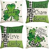 AVOIN colorlife Happy ST Patricks Day Lucky Charm Blessed Shamrock Clover Throw Pillow Covers, 18 x 18 Inch Buffalo Plaid Bow Tie Peace Love Lucky Decoration for Sofa Couch Set of 4
