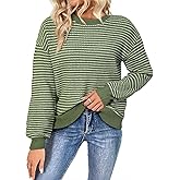 SHEWIN Women's Long Sleeve Crewneck Striped Side Split Pullover Sweater