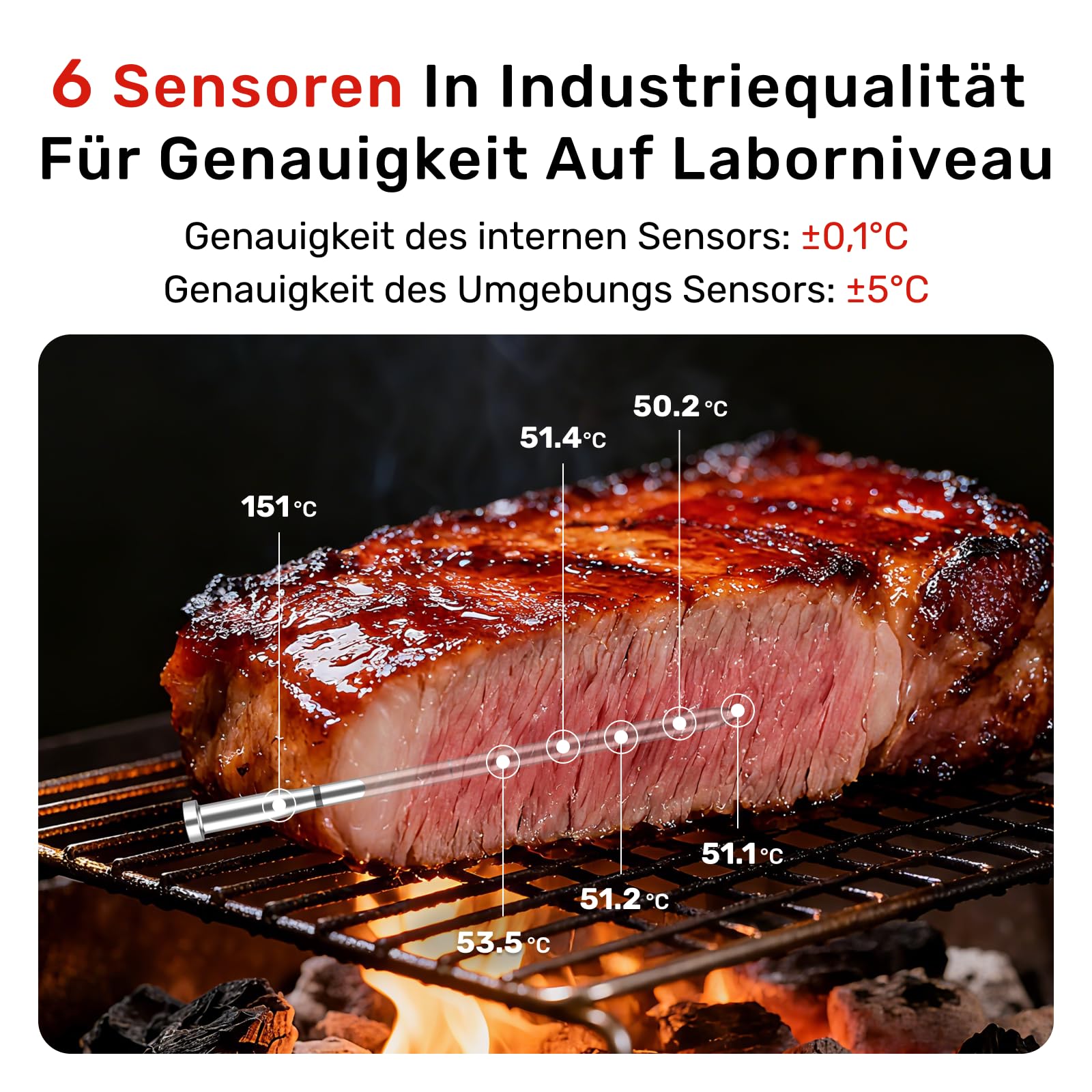 Meatmeet Fleischthermometer kabellos mit Bluetooth & WLAN, 2 Sonden 6 Sensoren, Einteiliges Edelstahldesign, IP69 Wasserdicht, 582°C Hitzebeständigkeit, Grill Ofen Küche Heißluftfritteuse (X Pro) 4