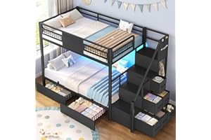 BTHFST Bunk Bed Twin Over Twin with Stairs, LED Lights Twin Bunk Bed with 2 Storage Drawers & 6 Fabric Drawers, Metal Twin Loft Beds with Guardrail & Stairs, Space Saving, Sturdy Frame for Teens