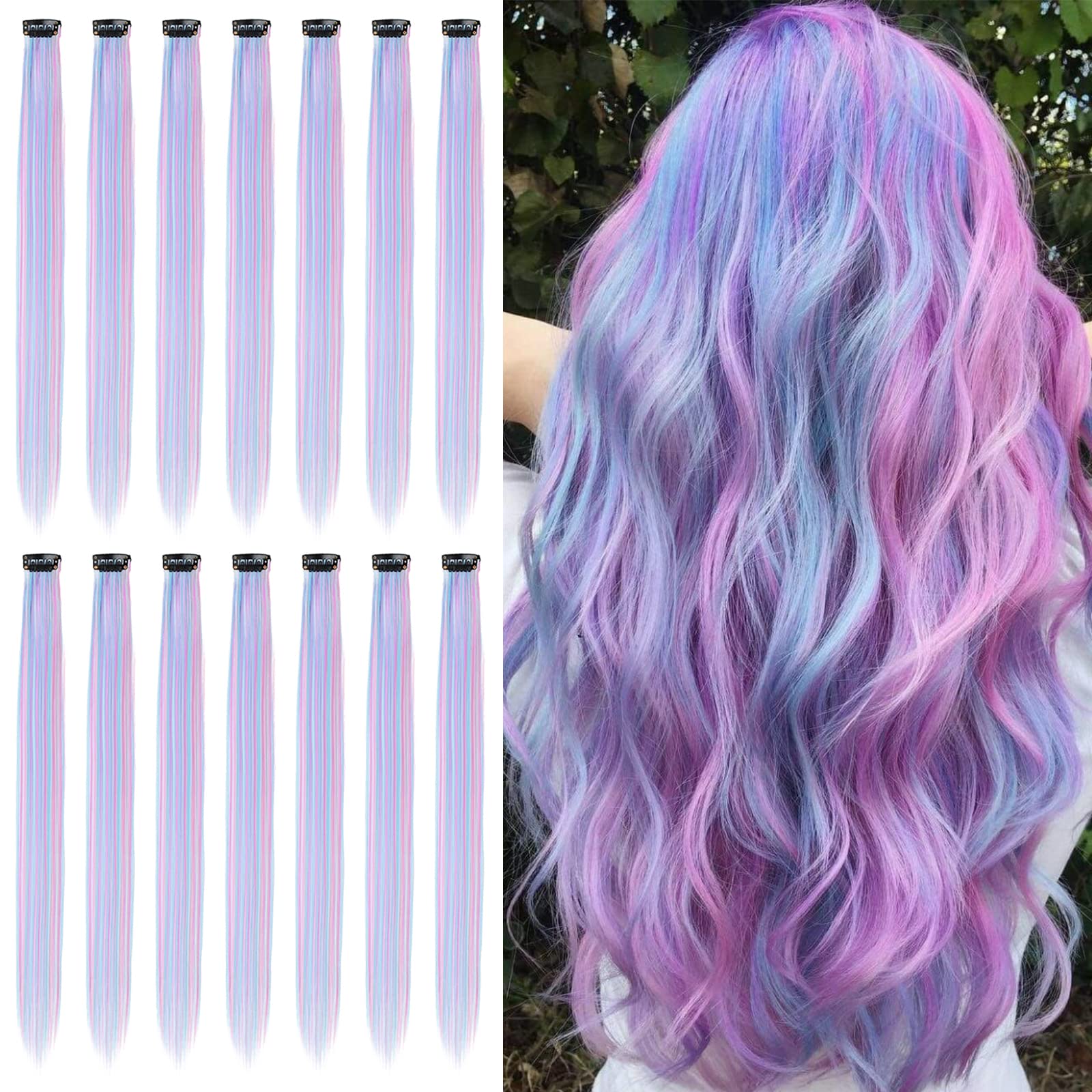 14 Pcs Colored Clip in Hair Extensions, 22 Inch Colorful Highlights Hairpieces Straight & Long Heat-Resistant Synthetic Hair for Kid Girls Women Party Hair Decor (14Pcs-Pink/Blue/White/Purple)