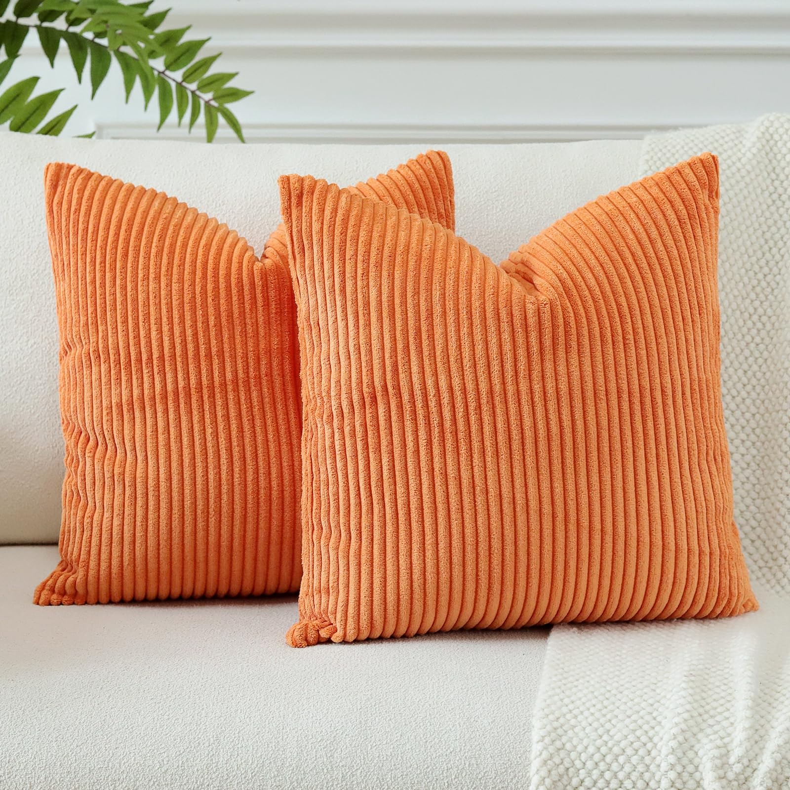 Photo 1 of *COVERS ONLY* OTOSTAR Pack of 2 Corduroy Soft Decorative Throw Pillow Covers Striped Square Cushion Covers Home Decor Pillow Covers for Couch Sofa Bed Living Room Decorative Pillowcase 20 x 20 Inch (Orange)