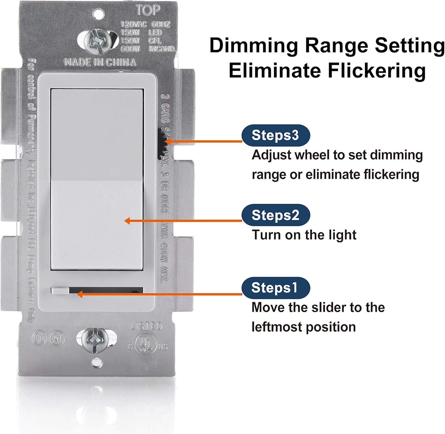 [6 Pack] BESTTEN Rocker Dimmer Switch for Dimmable LED, Halogen and Incandescent Bulbs, Single-Pole or 3-Way, 120V, UL Listed, White - - 