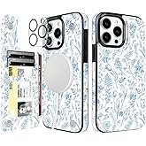 uCOLOR for iPhone 15 Pro Max Wallet Case with Card Holder Slot【Compatible with MagSafe】 Folio Flip PU Leather RFID Blocking Design with Camera Lens Protector 6.7" (Blue Toile Flowers)