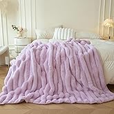 MEGO Fluffy Faux Rabbit Fur Throw, Cozy Wide Stripe Plush Fuzzy Blanket for Bed Couch Sofa Chair, Light Purple Shaggy Throw Bedroom Living Room, Furry Blanket for Kids Girls Adults, 50x60, Lavender