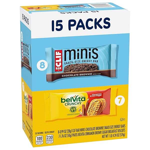 CLIF BAR MINIS ENERGY BARS & BELVITA CRUNCHY BREAKFAST BISCUITS, SNACK VARIETY PACK, 15 SNACK PACKS