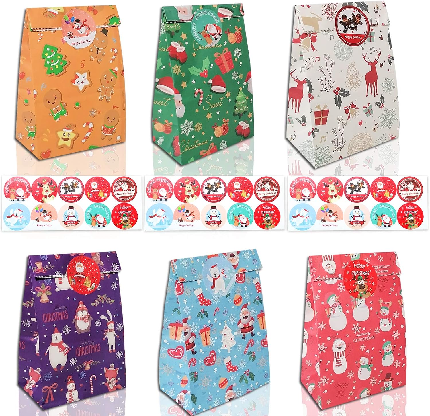 30 Pcs Christmas Paper Bags,Flat Bottom Party Bags,6 Christmas Elements Themed Design with 30 Pcs Stickers for Xmas Party Birthday and Classroom