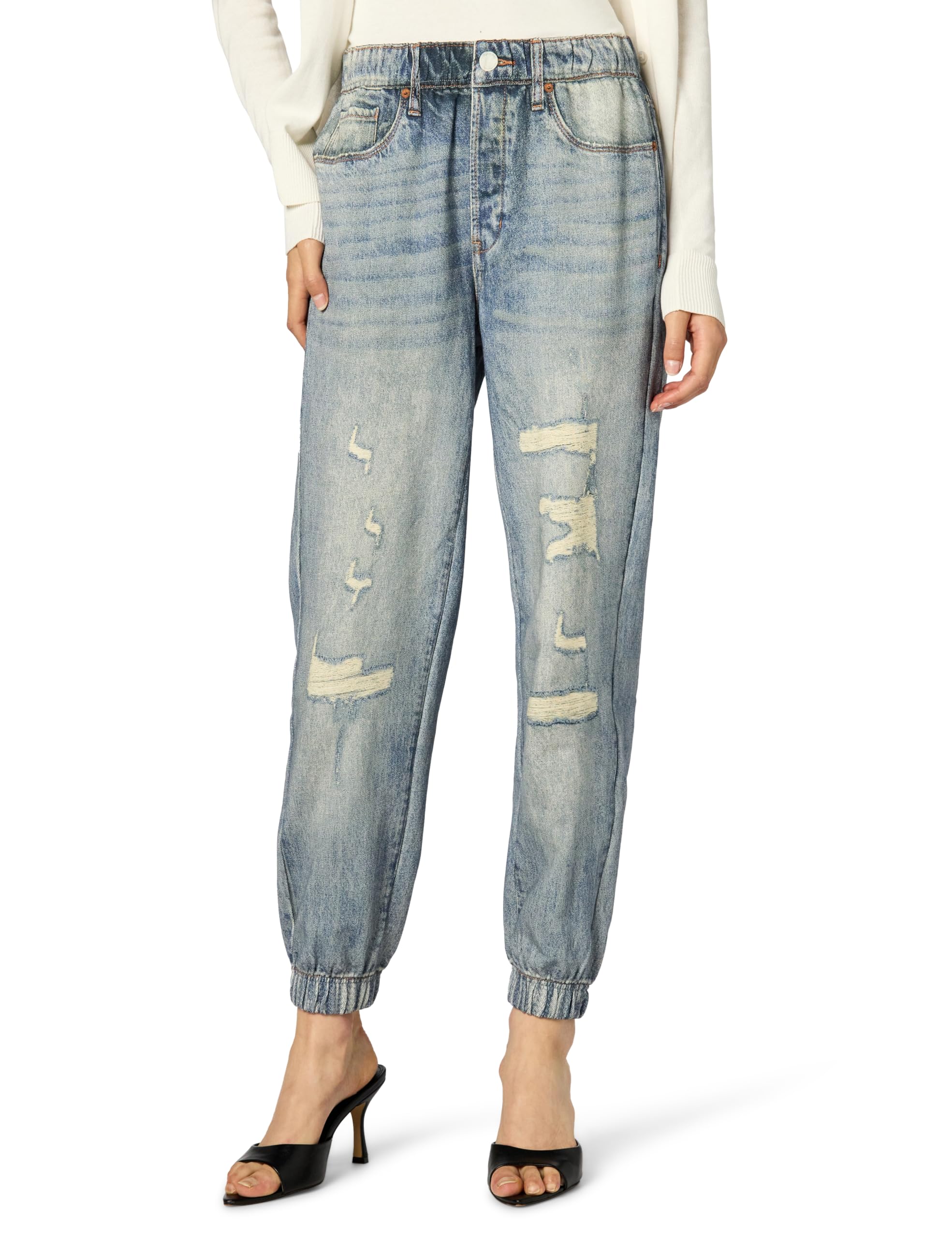 Photo 1 of [BLANKNYC] Womens French Terry Distressed Printed Denim Jogger, Comfortable & Stylish Pants, Yes Please, Medium, Blue