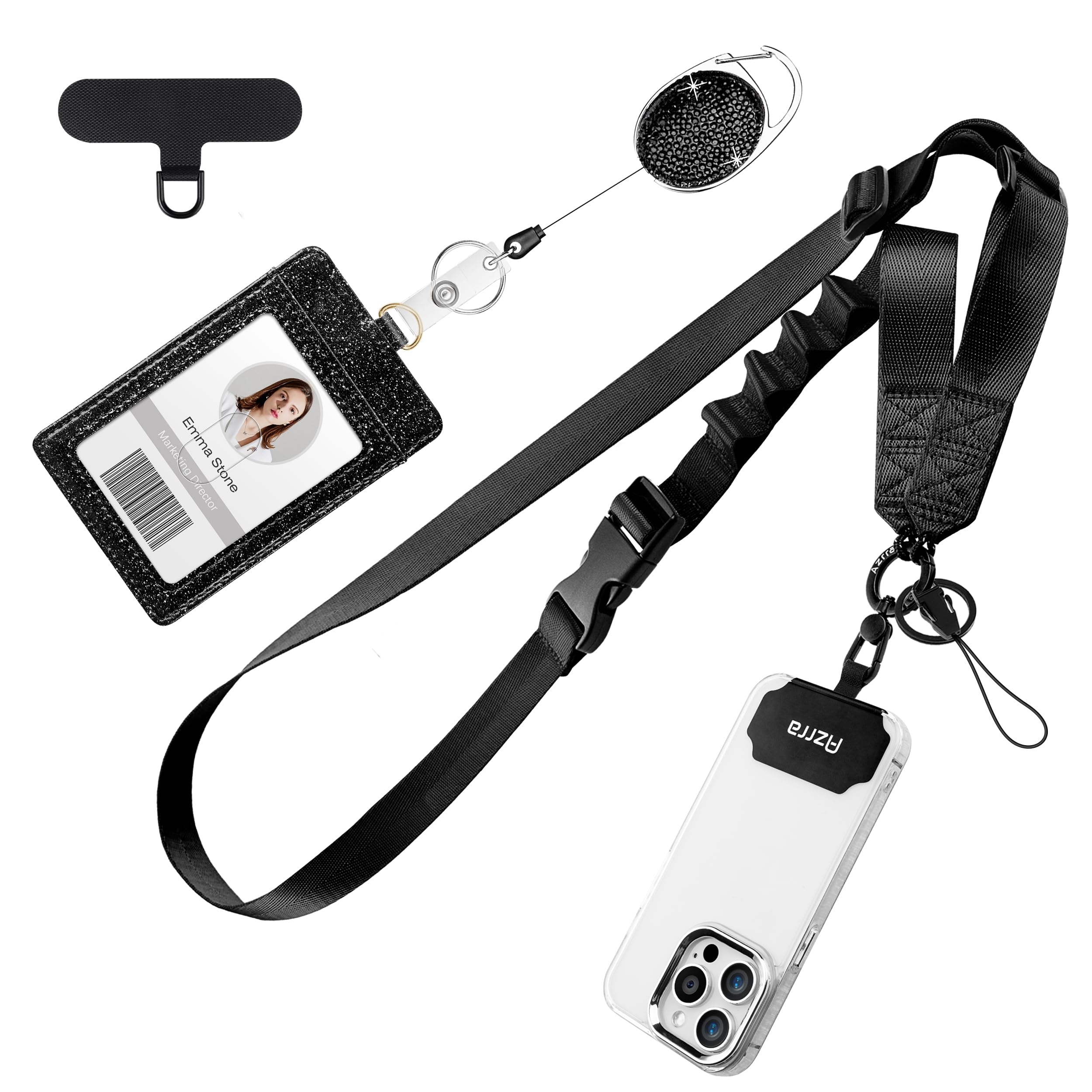 Azrra Adjustable Crossbody Cell Phone Lanyard for iPhone with Phone Tethers & Retractable ID Badge Card Holder (Bling Black)