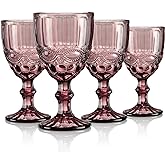 Joeyan Purple Vintage Wine Glasses,Clear Water Goblet Glasses,Stemmed Drinking Glasses with Embossed Pattern,Colored Glassware Set for Wedding Party Banquet Feast,10 oz,Set of 4,Dishwasher Safe