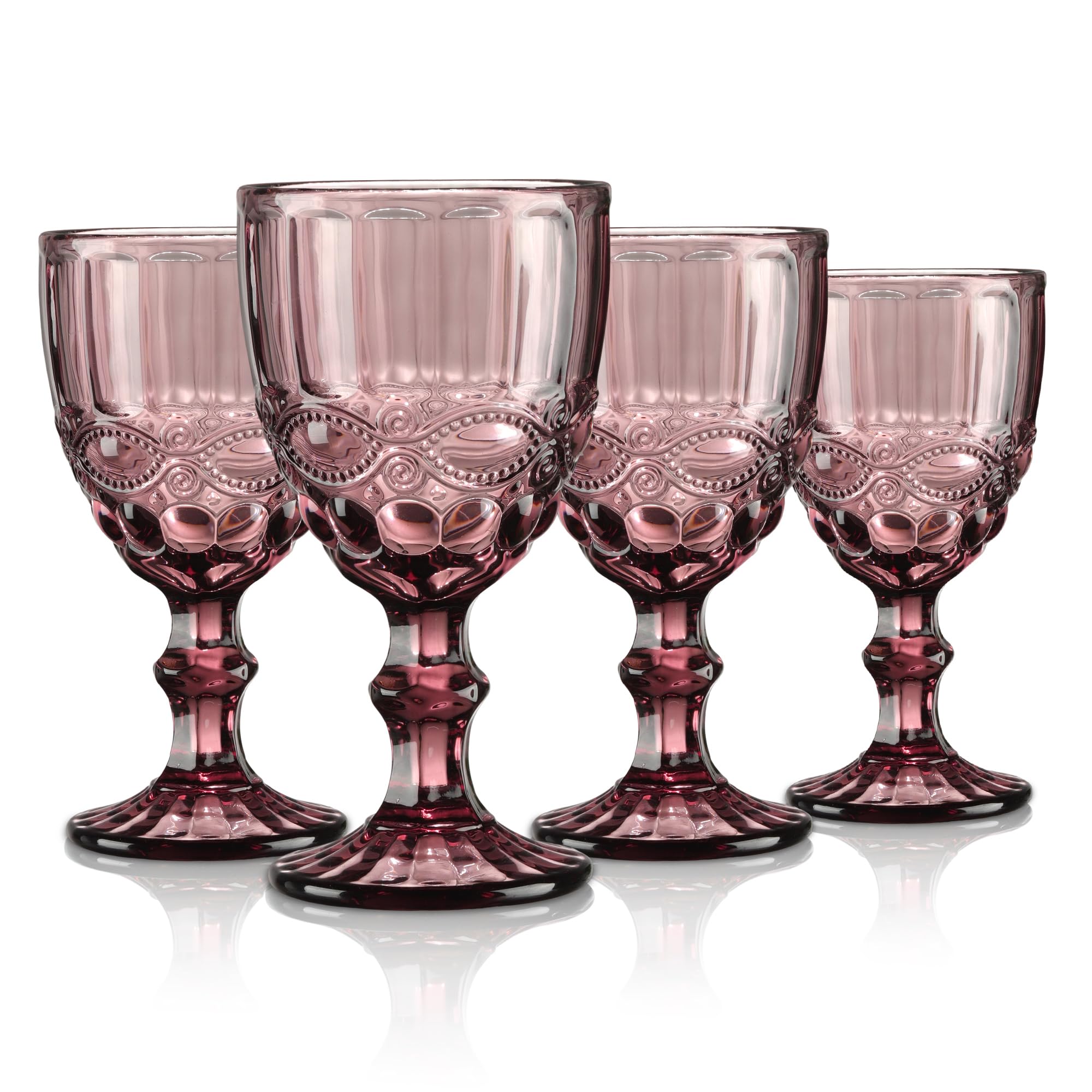 Joeyan 300ml Purple Vintage Glass Wine Goblet,Heavy Stemmed Wine Glasses Set of 4,Romantic Embossed Drinking Glasses for Easter Party Wedding Table Decoration, Dishwaher Safe