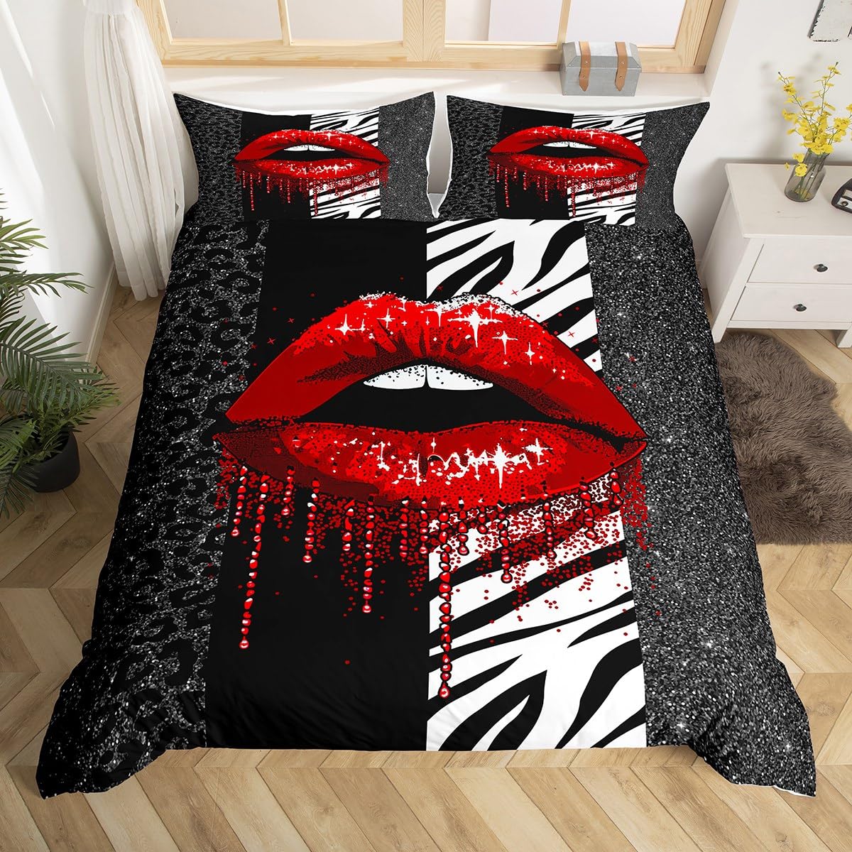 Manfei Red Lips Duvet Cover Set Double Size, Black Zebra Leopard Skin Glitter Comforter Cover with 2 Pillowcases, Animals Skin Bedding Set 3pcs for Kids Boys Bedroom Decor Lightweight Bedspread Cover